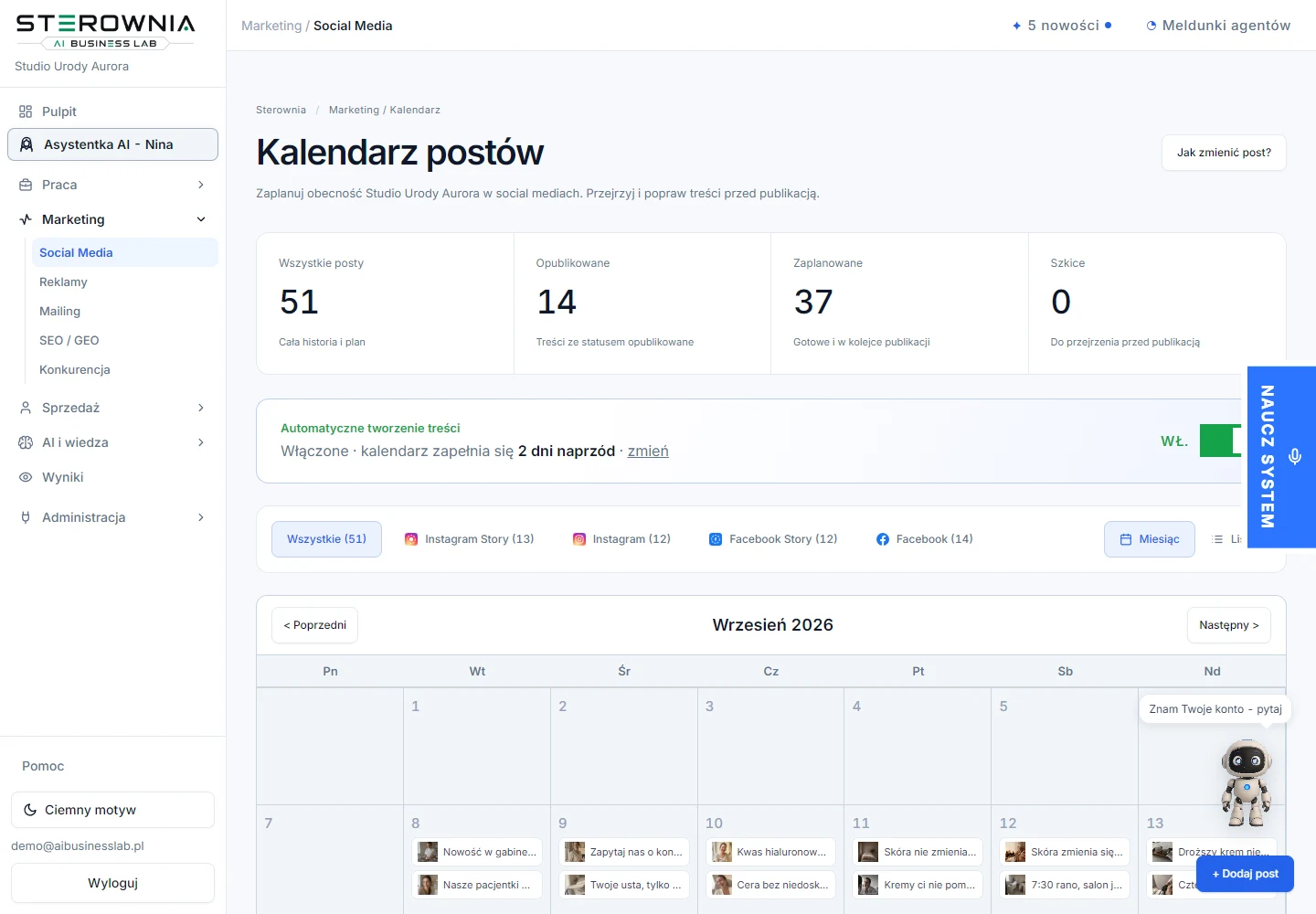 Kalendarz postów w Sterowni na koncie demonstracyjnym