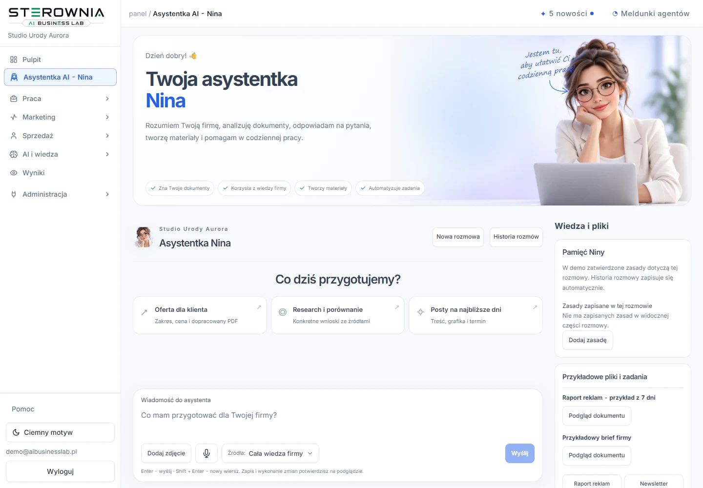 Asystentka Nina w Sterowni: rozmowa, dokumenty i wiedza firmy